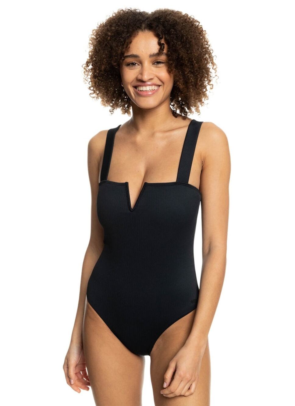 Roxy Black Ribbed One-Piece Swimsuit Notch V-Neck Size Small Surf Beach
